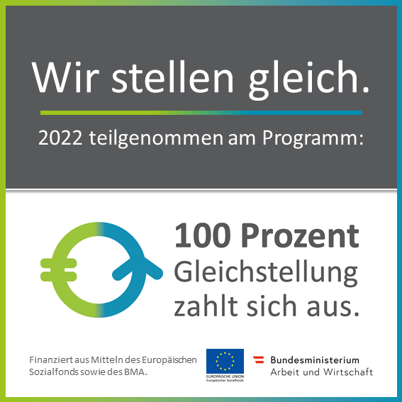 Wir stellen gleich. 2022 teilgenommen am Programm: 100% Gleichstellung zahlt sich aus.
